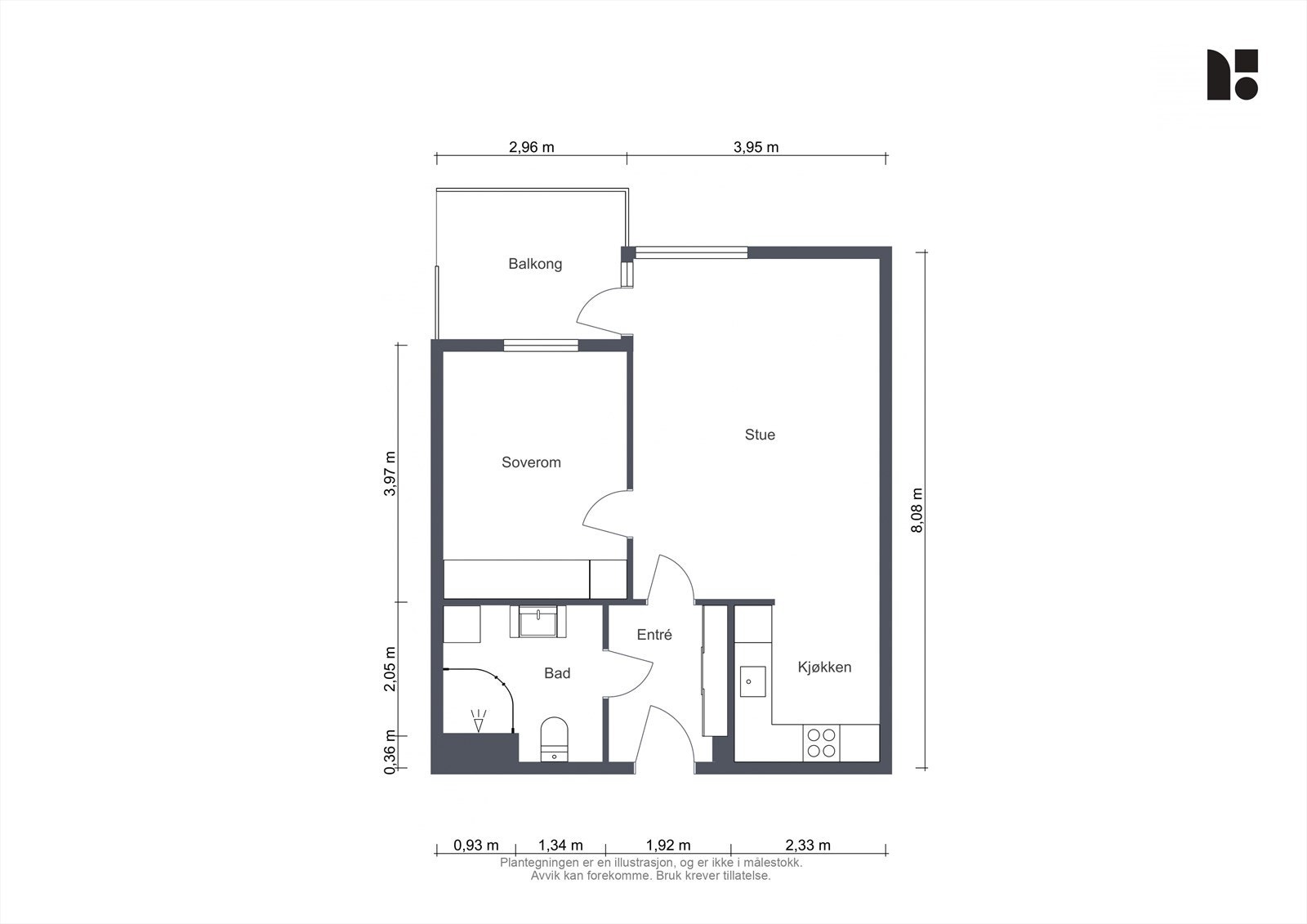 Leiligheten har en arealeffektiv planløsning som omfatter entré, bad, soverom, stue og kjøkken. En bod på 4 m² i kjelleren medfølger. Galleribilde