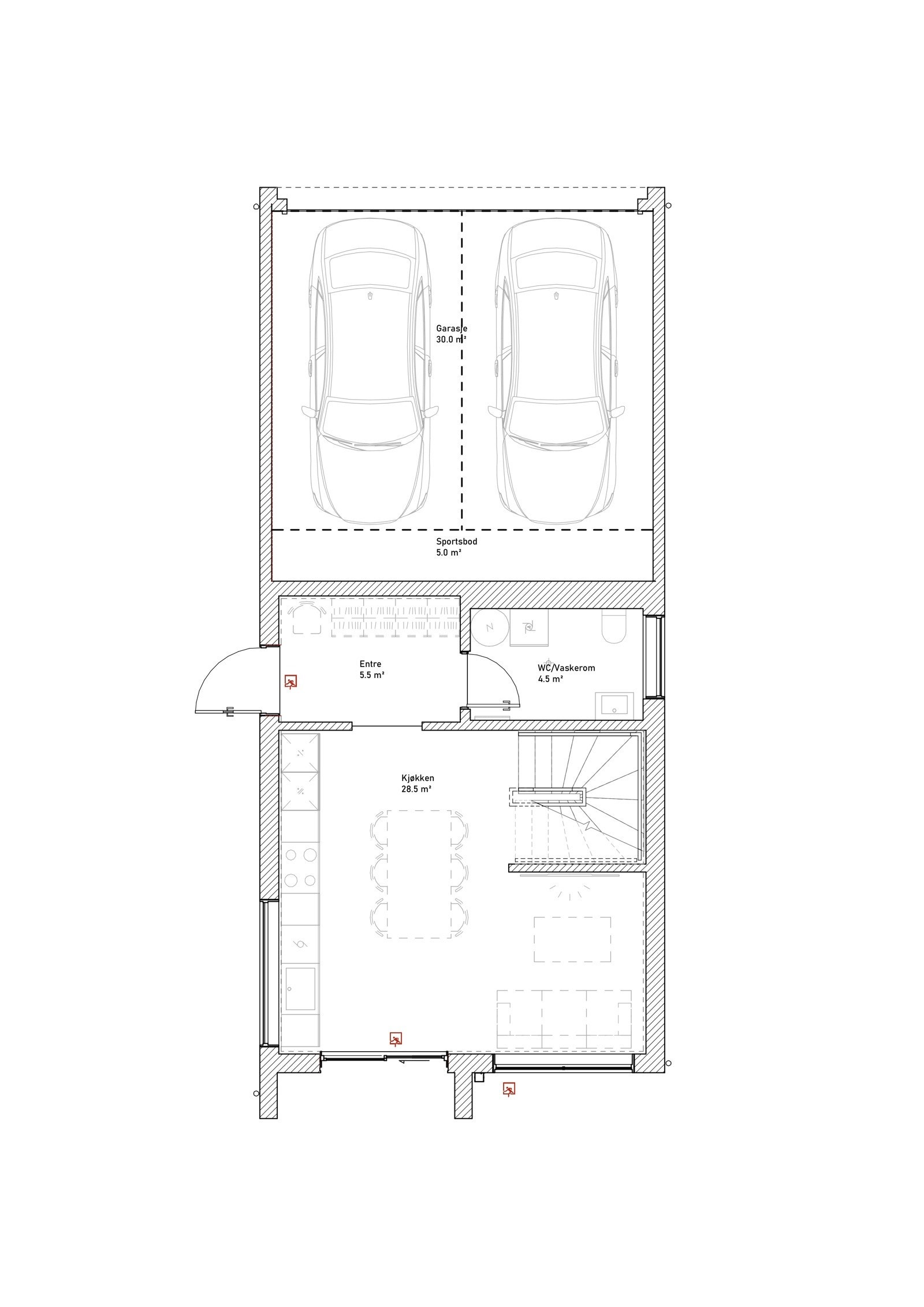 1. etasje: Entre, WC/vaskerom, stue og kjøkken i åpen løsning. Skyvedør mot hage. Galleribilde