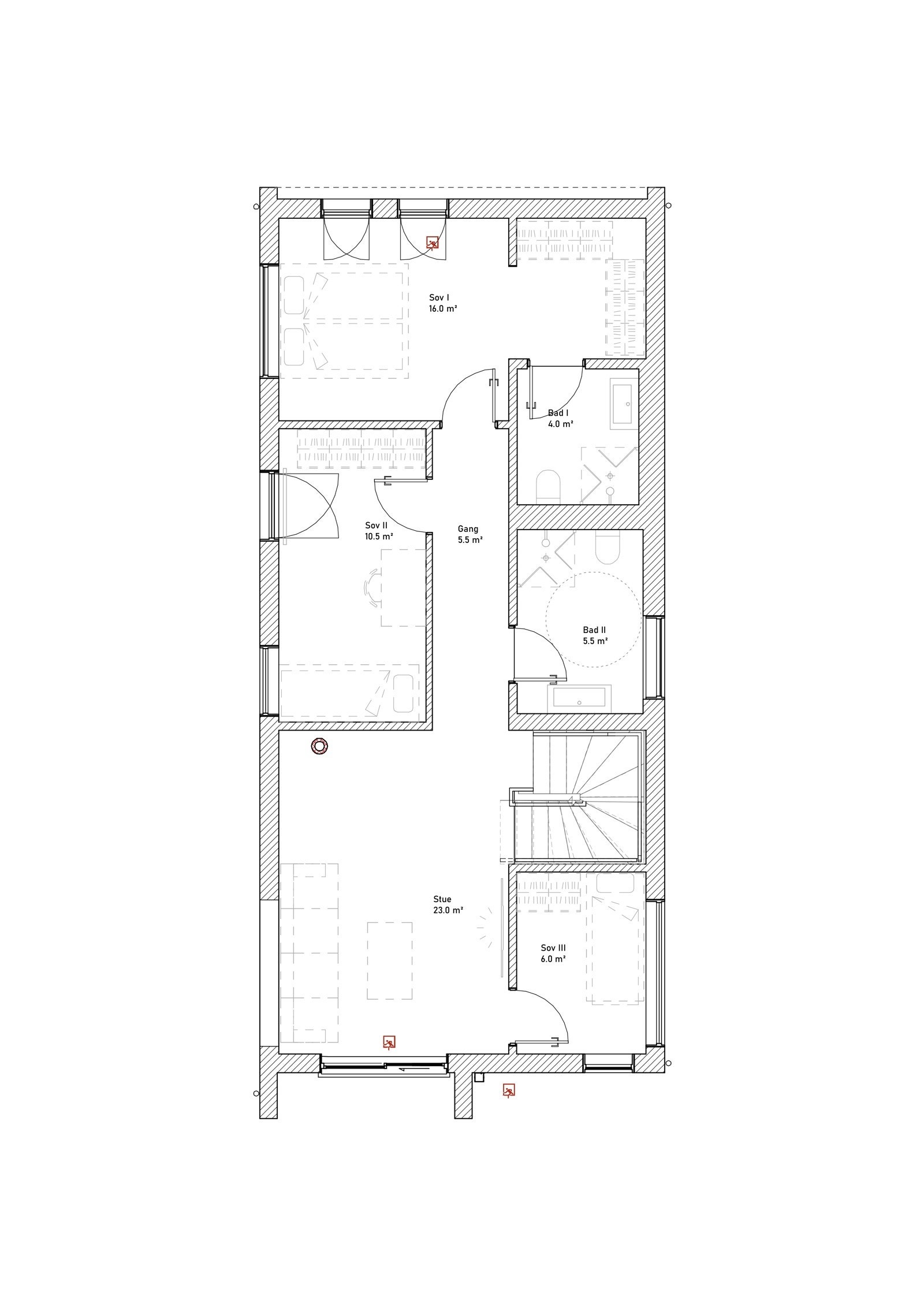 2. etasje: Hall, bad, stue, 3 soverom hvoran hovedsoverommet er i en-suiteløsning med walk-in og eget bad. Galleribilde