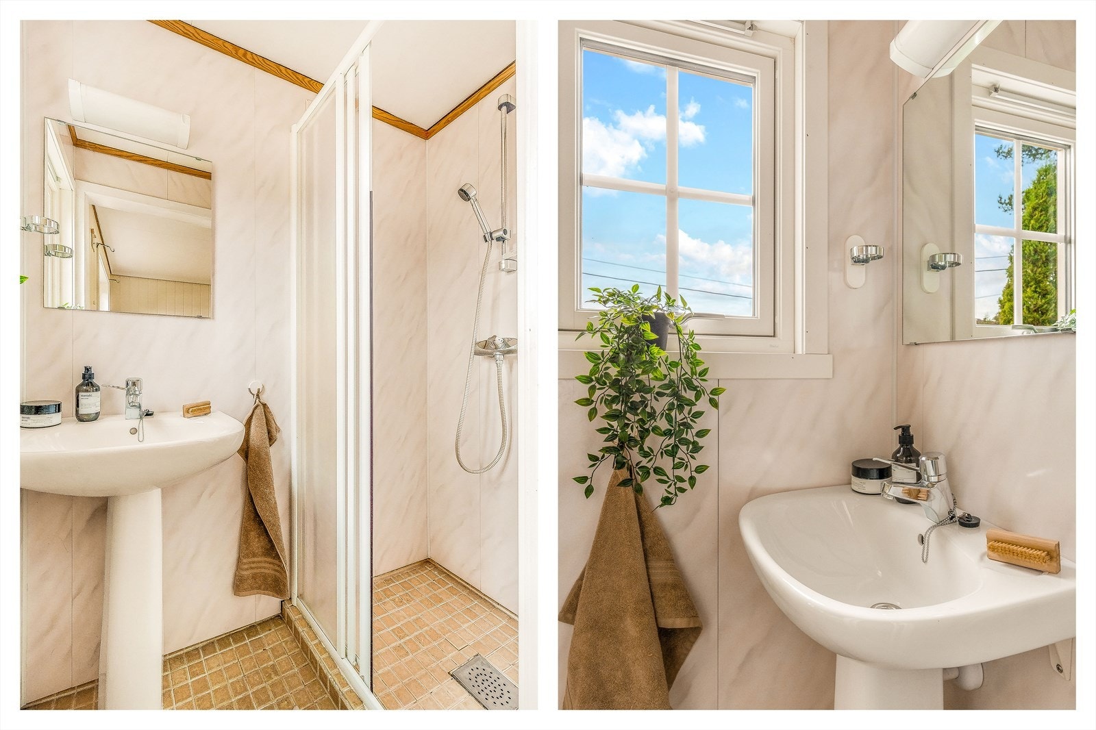 Direkte inngang fra soverommet til eget baderom. Badet har flislagt gulv med gulvvarme og våtomsplater på vegger. Galleribilde