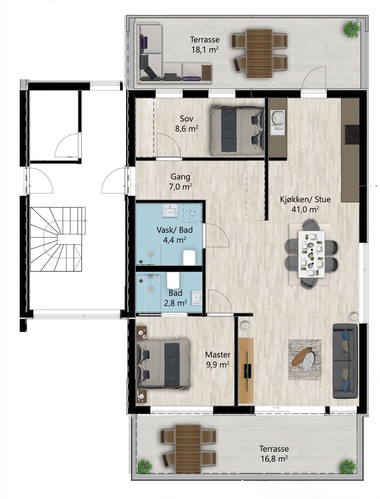 Leiligheten har en arealeffektiv planløsning med to soverom, to bad og utgang til to separate verandaer. (Illustrasjon) Galleribilde