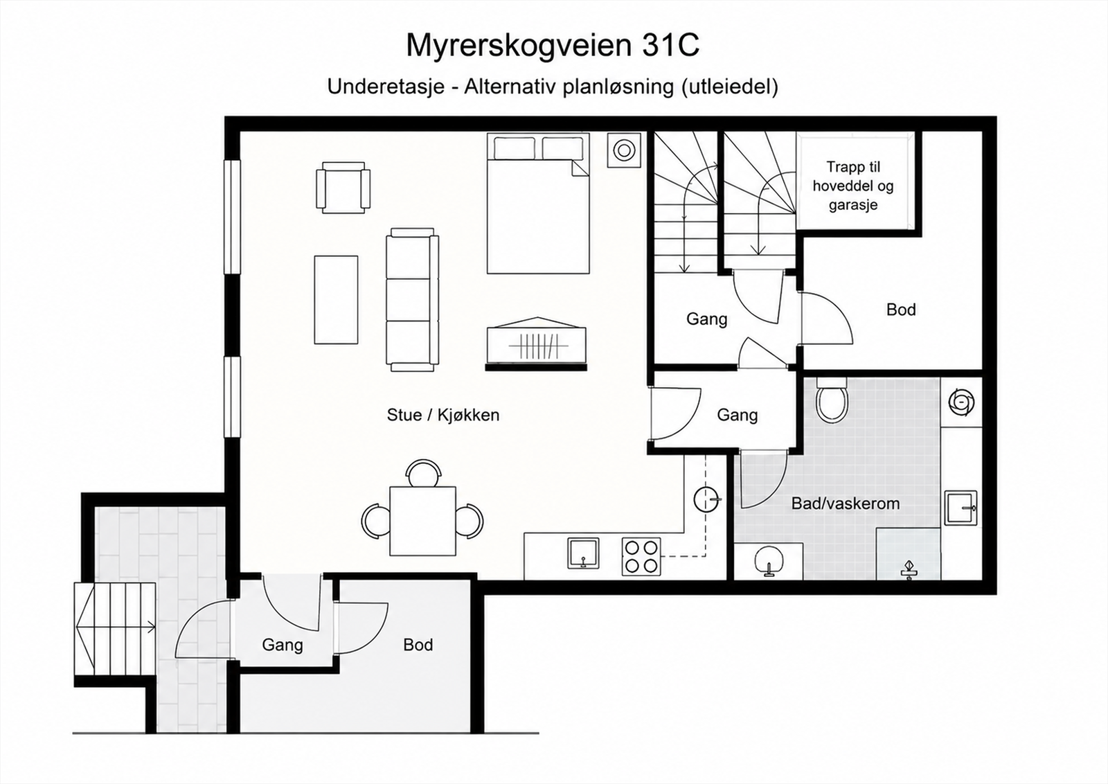 Alternativ plantegning. Forslag til etablering av utleiedel. Galleribilde