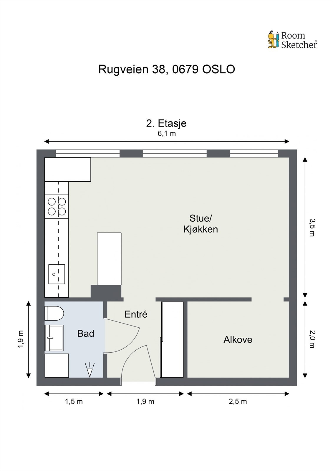 Leiligheten disponerer to boder på totalt ca. 5 m², beleilig plassert i kjeller og inngangsetasje. Galleribilde