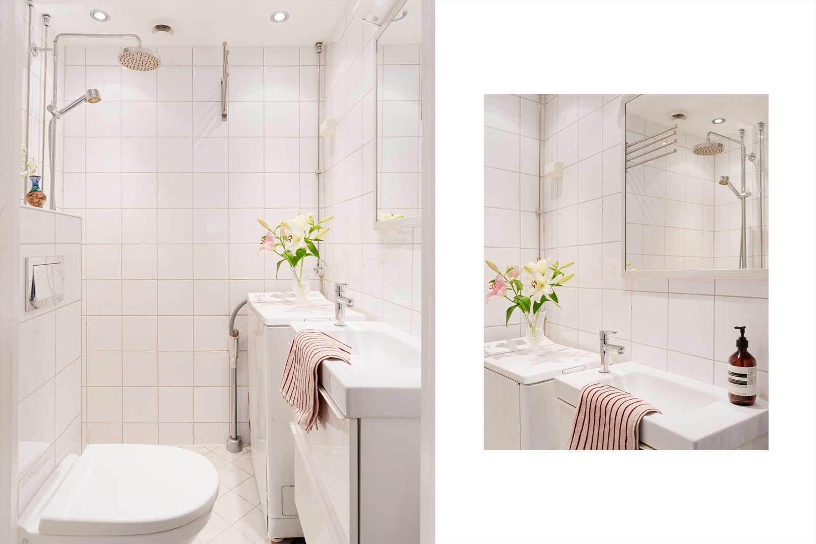 Badet ligger praktisk til ved entrèen. Lyst baderom fra 2013 med varmekabler i gulv og opplegg for vaskemaskin. Galleribilde