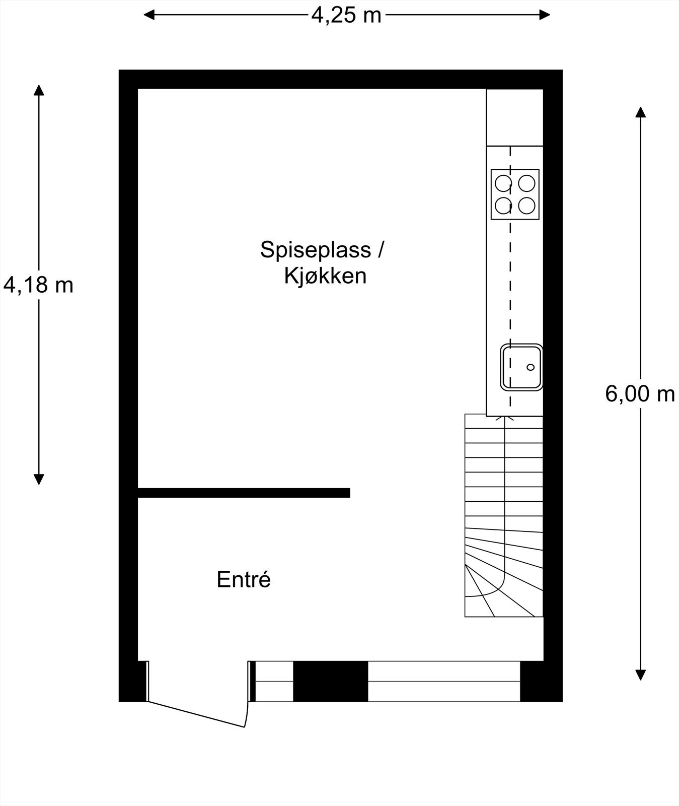 Vi starter med plantegning for hovedetasjen. I denne etasjen finner vi: Stue/kjøkken og entré. Galleribilde