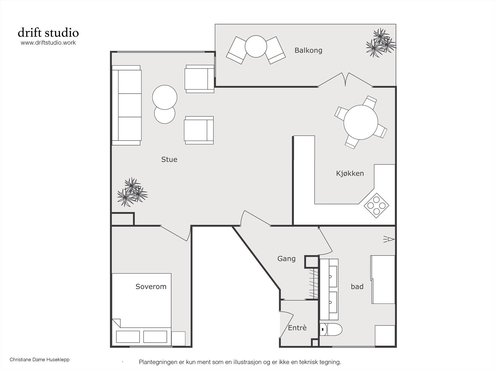 Leiligheten på 63 m² har en gjennomtenkt planløsning med entré, gang, bad, soverom, stue og kjøkken. Galleribilde