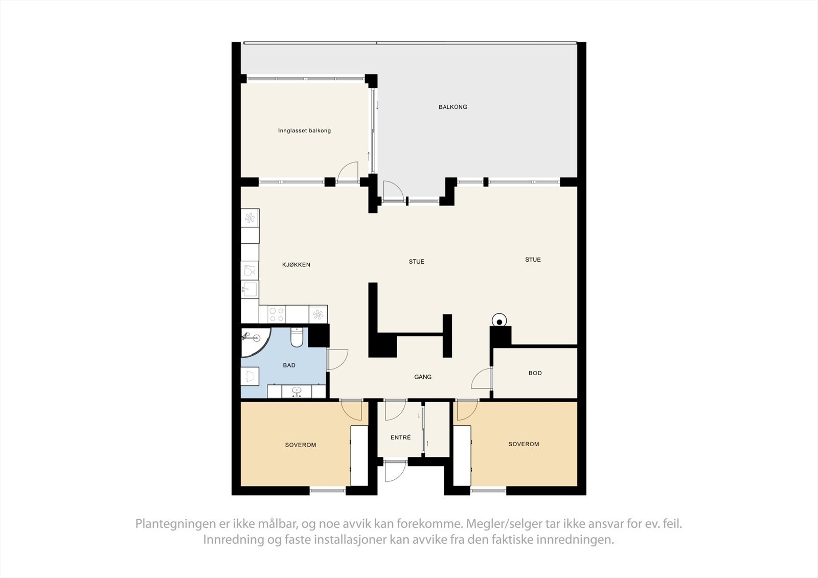 Planløsningen fordeler seg over 107 m² og inkluderer to soverom, en romslig stue- og kjøkkensone, samt en stor balkong og innglasset balkong. Galleribilde