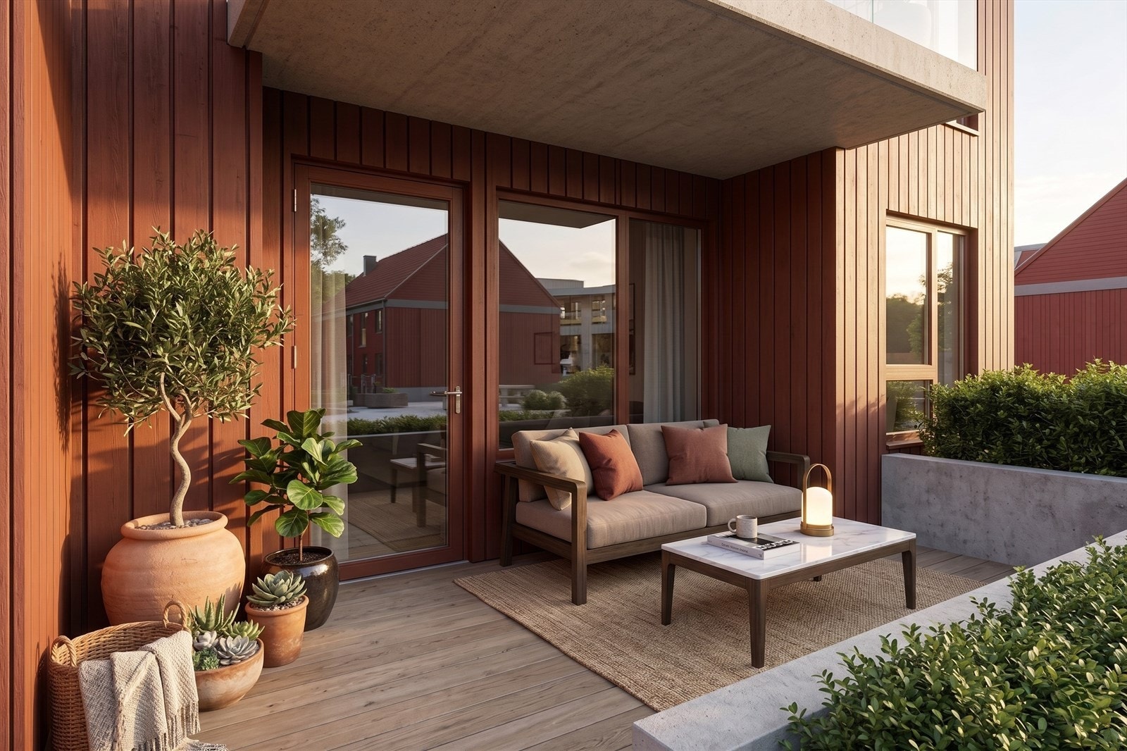 Nyt sommeren på ca. 9 kvm nordvestvendt terrasse inn mot gårdshage. Bilder er kun til illustrasjon og er laget digitalt/med KI. Avvik vil forekomme. Galleribilde