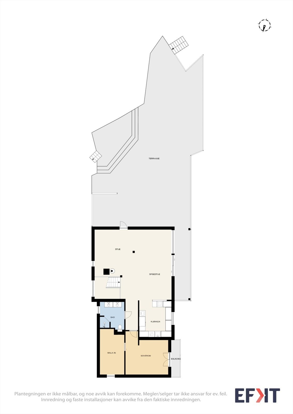 Planløsning for hovedetasjen. Etasjen inneholder en åpen stue- og kjøkkenløsning, soverom, bad og walk-in-closet. Galleribilde