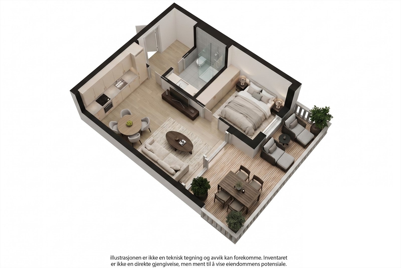 3D-plantegning og digitale foto/styling til illustrasjon - Avvik vil forekomme. Se plantegning og beskrivelse i prospekt. Galleribilde