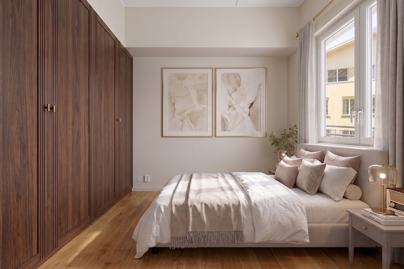 Ca. 9,2 kvm soverom m. plass til dobbeltseng og garderobe. Skap medfølger ikke. Foto er redigert digitalt/med KI og er kun til illustrasjon. Avvik vil forekomme. Galleribilde