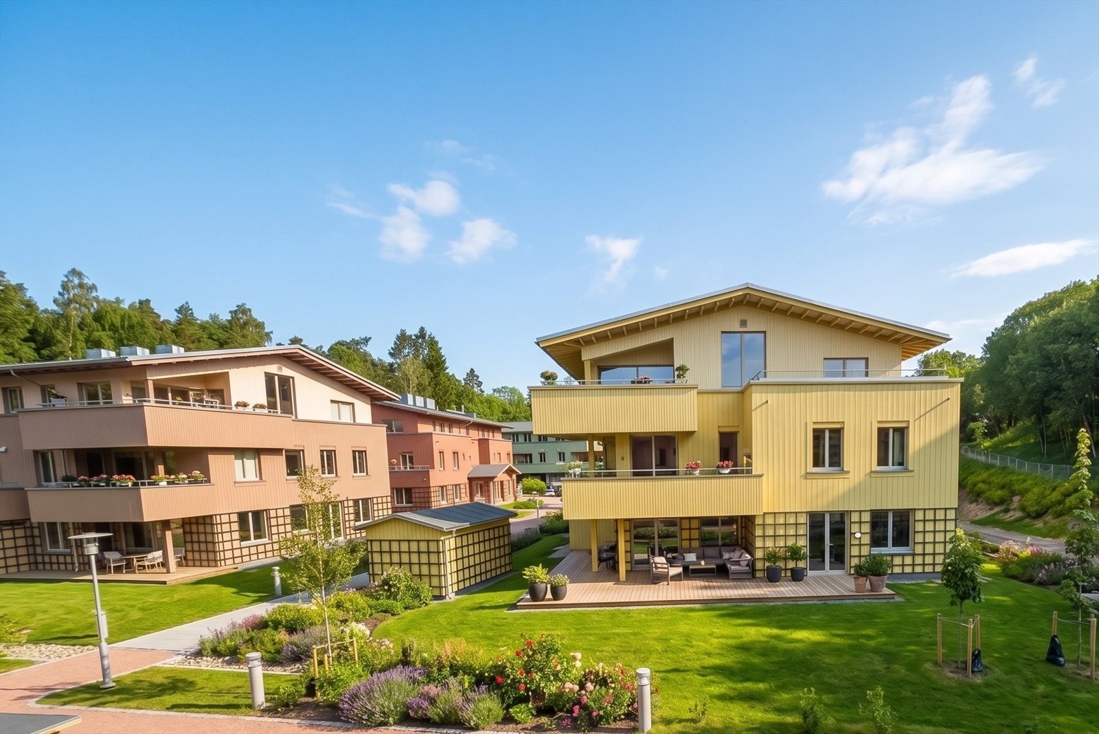 Hus 4-2. Bilfrie internveier og god avstand til bygget på andre siden. Bildet er redigert m. KI. Avvik vil forekomme. Galleribilde
