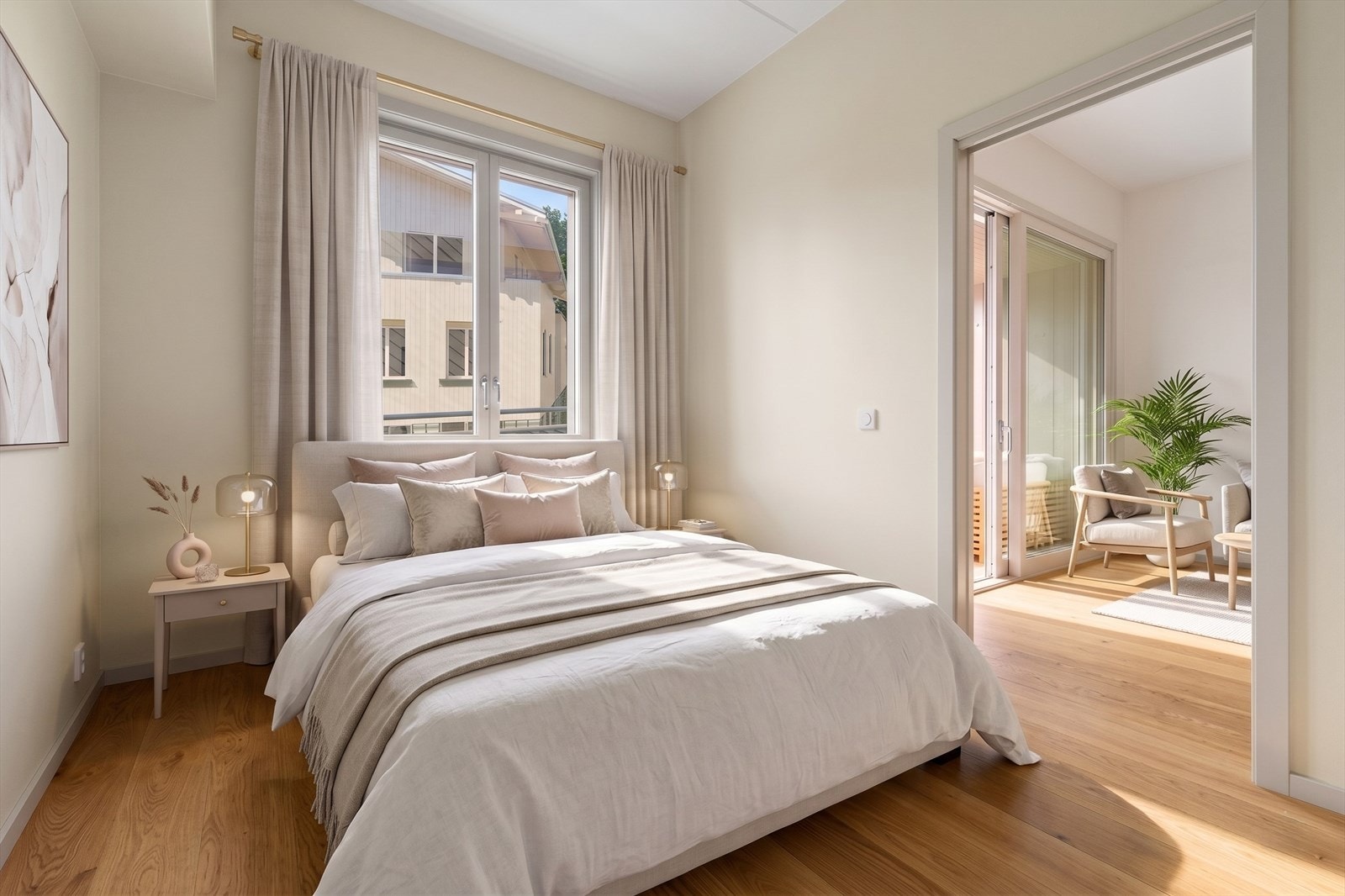 Ca. 9,2 kvm soverom m. plass til dobbeltseng og garderobe. Foto er redigert digitalt/med KI og er kun til illustrasjon. Avvik vil forekomme. Galleribilde