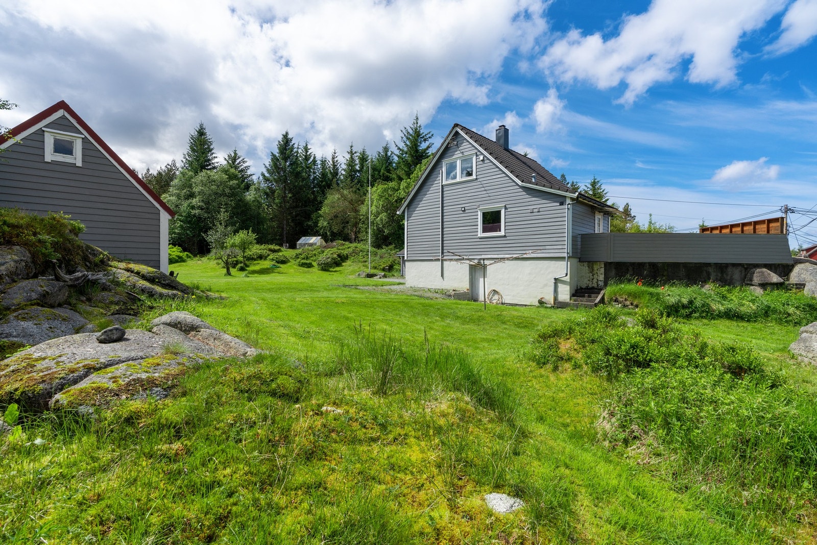 Tomten er pent opparbeidet med plen og beplantninger Galleribilde