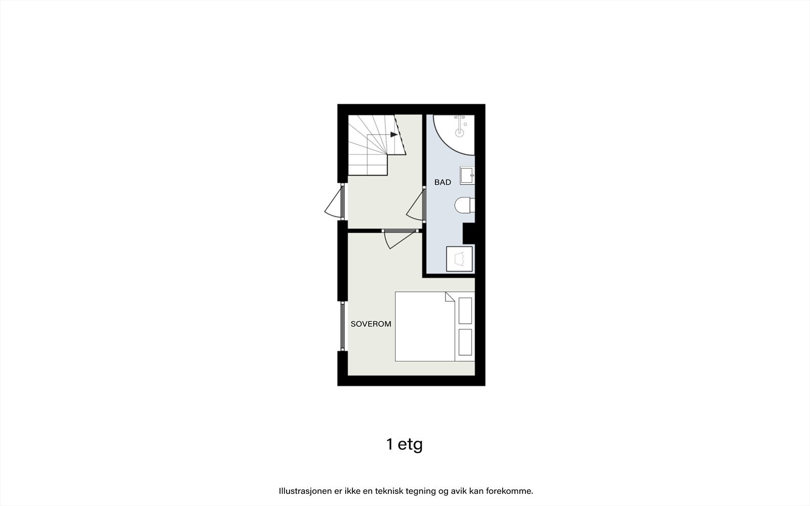 Planskisse 1. Etasje: Inngangsparti med gang, soverom, bad og trapp opp til 2. etasje Galleribilde