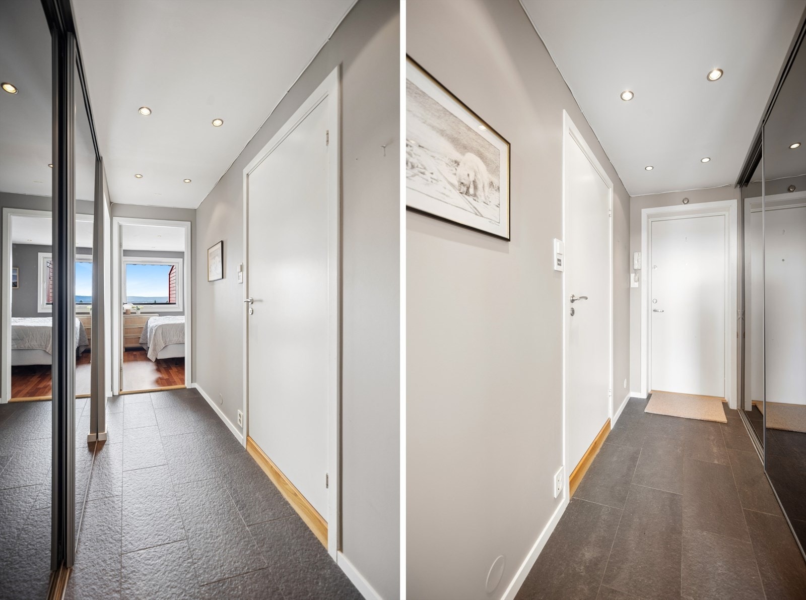Innbydende entré med god plass til å henge fra seg yttertøy og sette fra seg sko i en romslig garderobe. Varmekabler i gang. Galleribilde