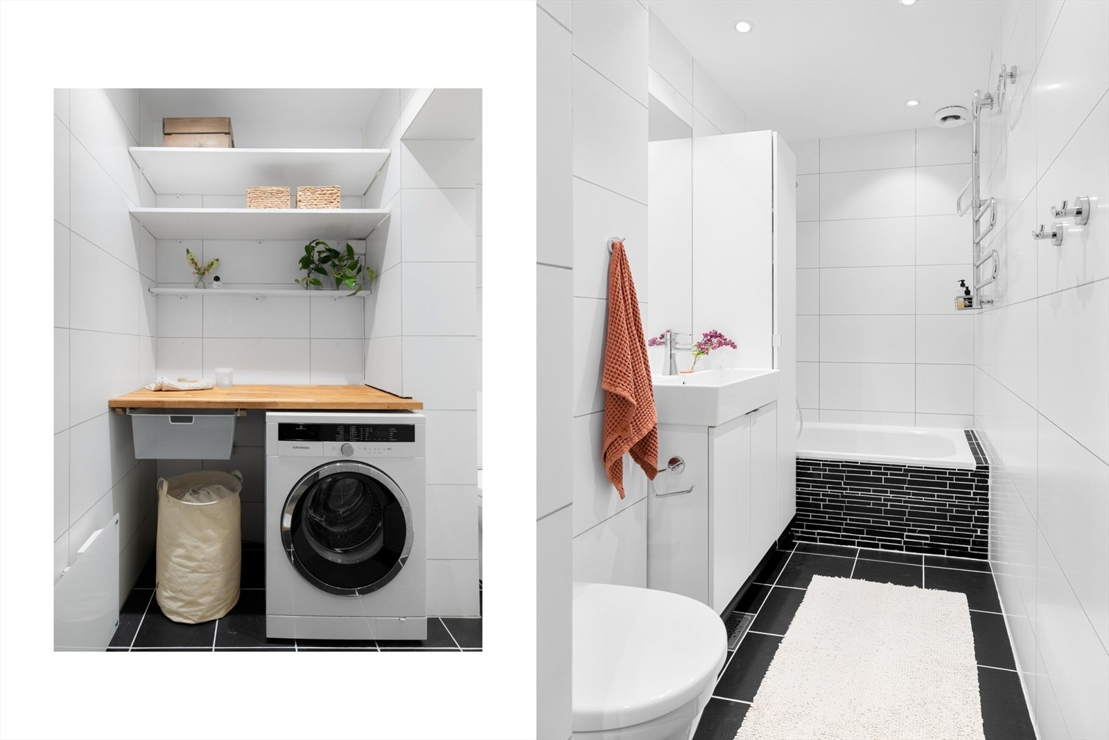 På baderommet er det opplegg for vaskemaskin og tilrettelagt for en praktisk løsning til klesvask, samt mulighet for stellebord dersom det er ønskelig. Galleribilde