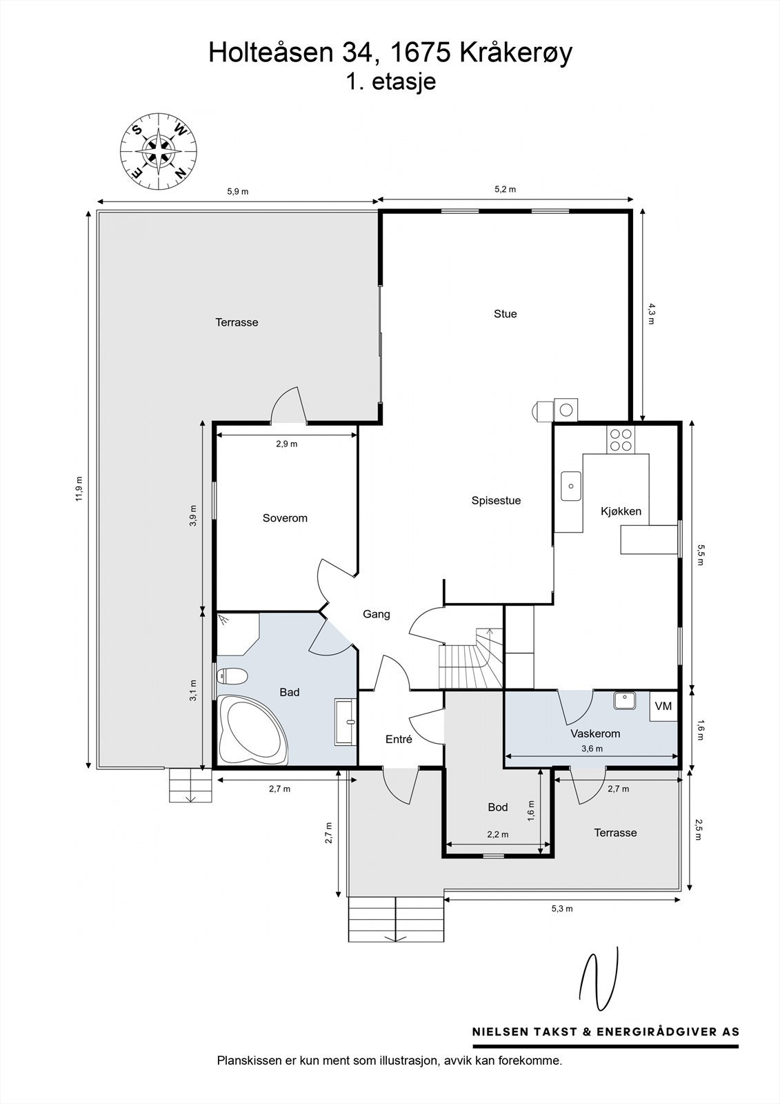 Vi starter med 1. etasje, som gir et godt innblikk i denne innholdsrike boligen. Galleribilde