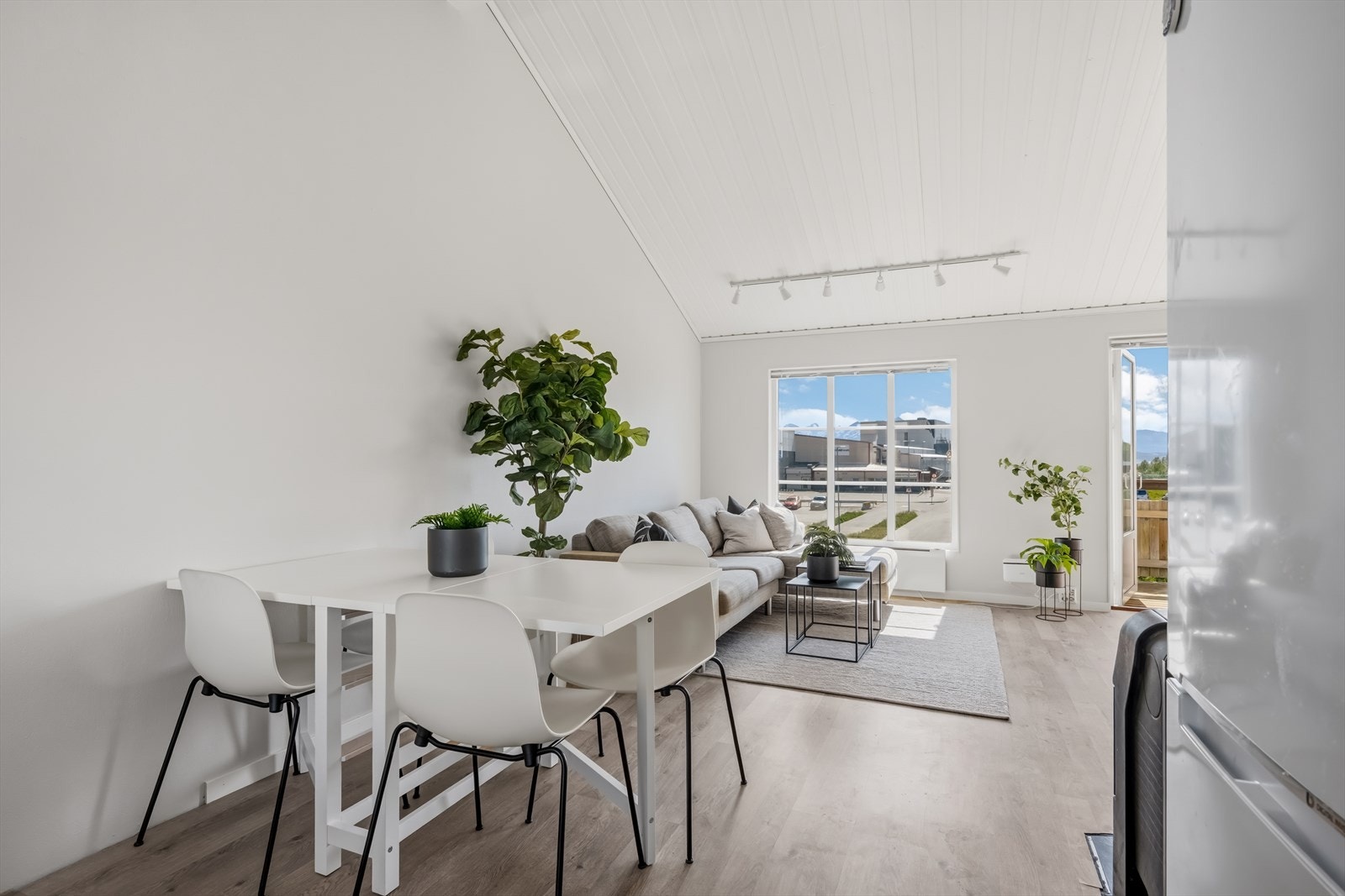 Den arealeffektive planløsningen gir plass til både sofagruppe og spisebord. Galleribilde