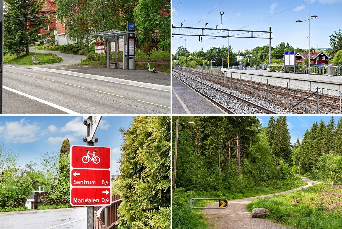 God kollektivforbindelser med buss og tog samt sykkel mot sentrum og innover Maridalen. Galleribilde