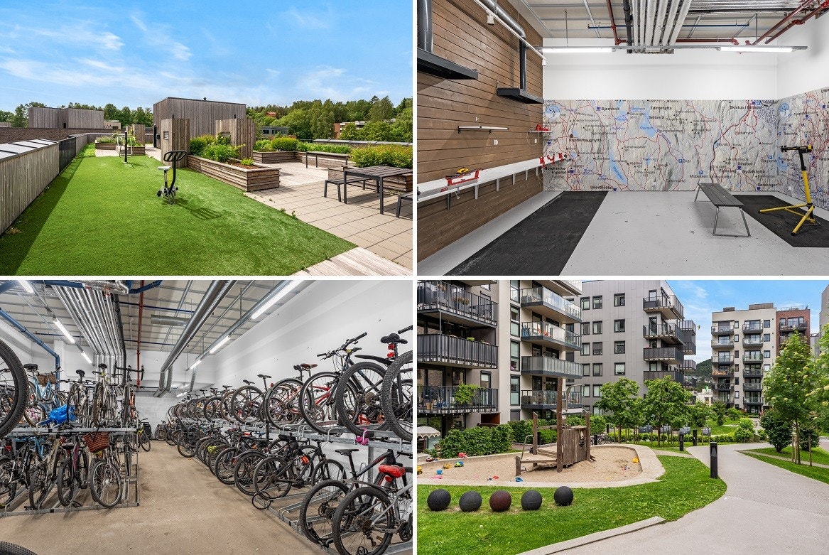 Sameiet har en stor felles takterrasse med beplantning, sittegrupper og treningsapparater. Felles sykkelrom med sykkeldusj, smørerom/hobbyrom og parkmessig opparbeidede fellesarealer med lekeapparater og beplantning. Galleribilde