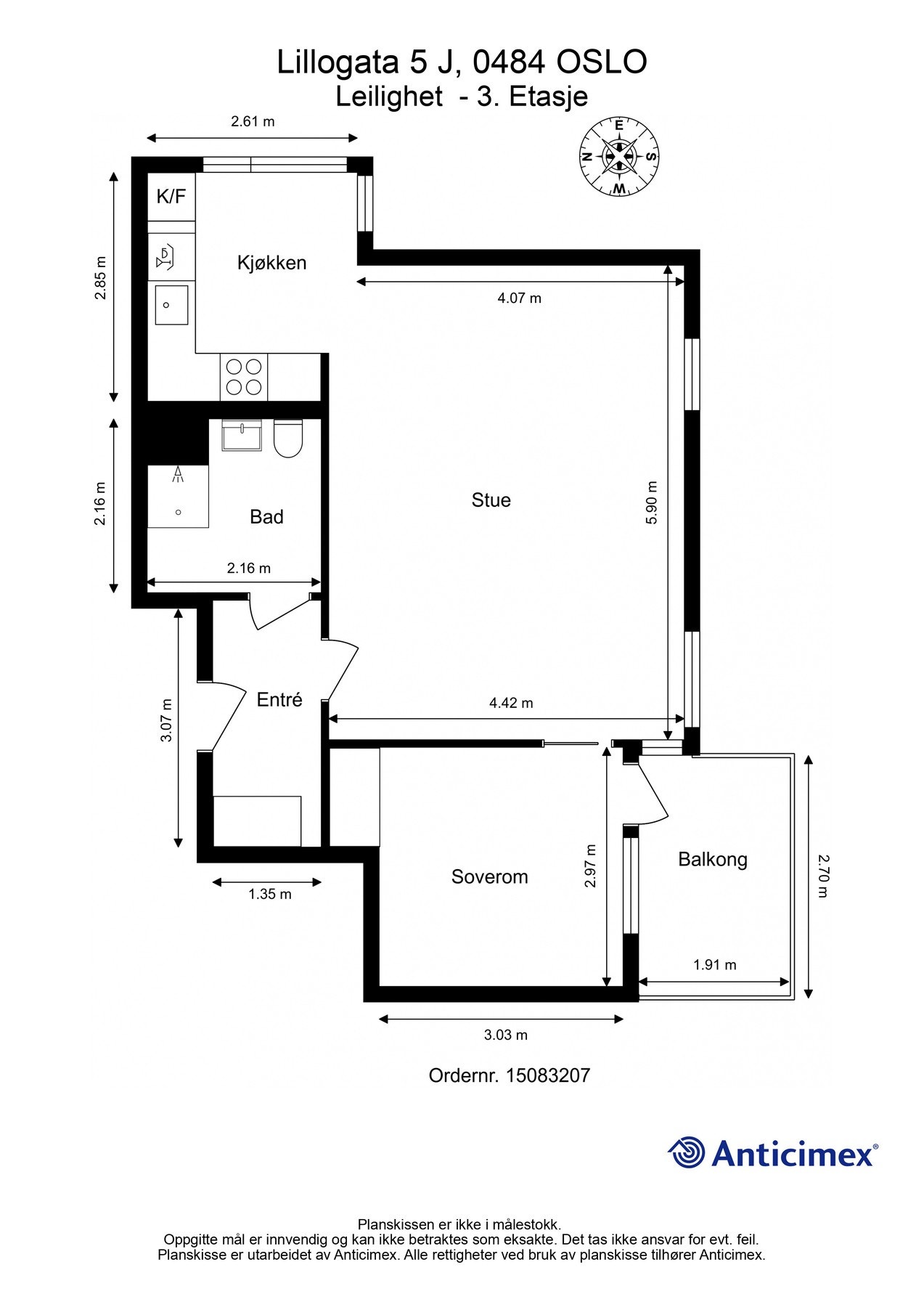 Plantegning 3. etasje med heis. I tillegg disponerer leiligheten en kjellerbod på ca. 8m². Galleribilde