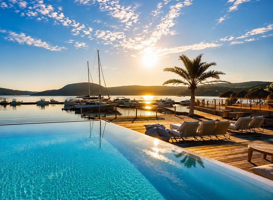 Utebasseng med beachclub på Holmsbu Resort. Galleribilde