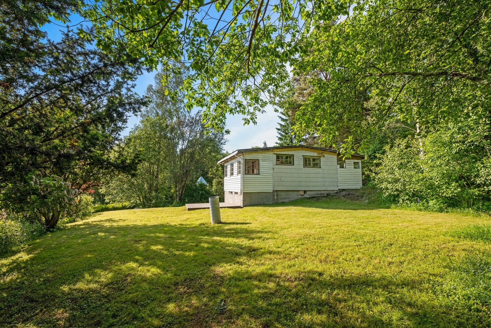 Stor og frodig hage med god plass for utendørsaktiviteter. Galleribilde