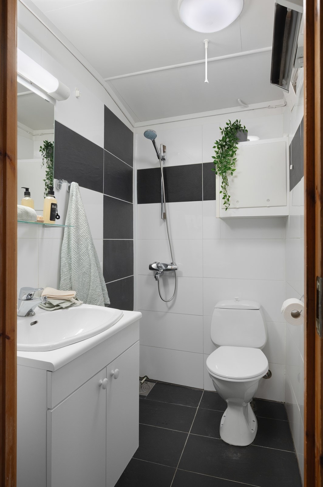 Badet er innredet med toalett og servant med underskap. Galleribilde