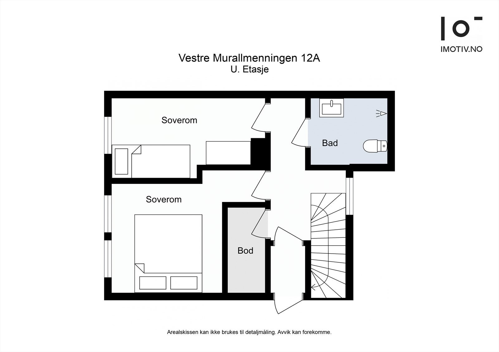 Planløsning for 1. etasje, som inneholder to soverom, bad og bod. Galleribilde