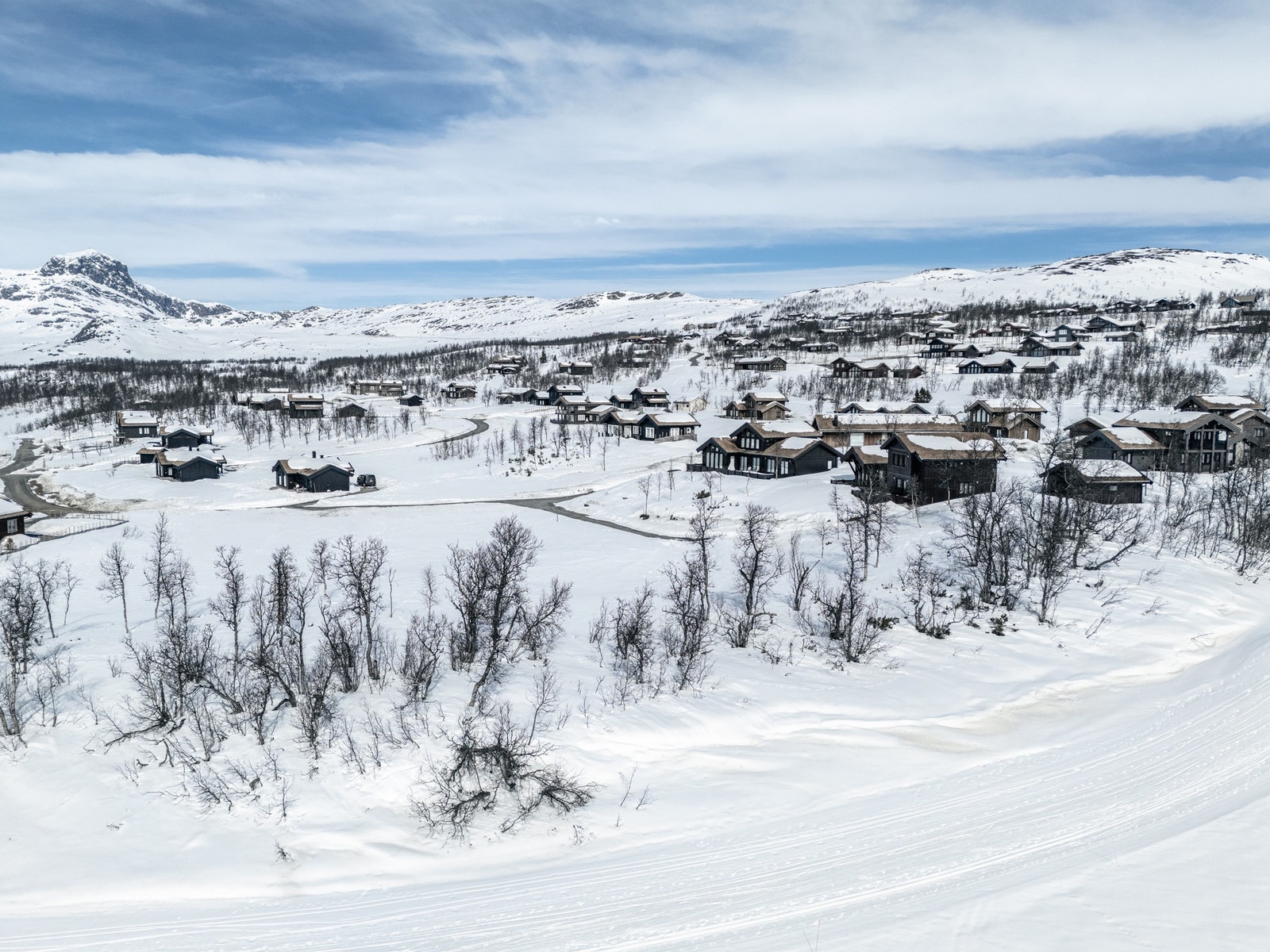 Dronefoto som viser den unike avstanden til skiløypen ( Grønn 1 ) samtidig som tomten er godt skjult med ett vekitasjonsbbelte. Galleribilde
