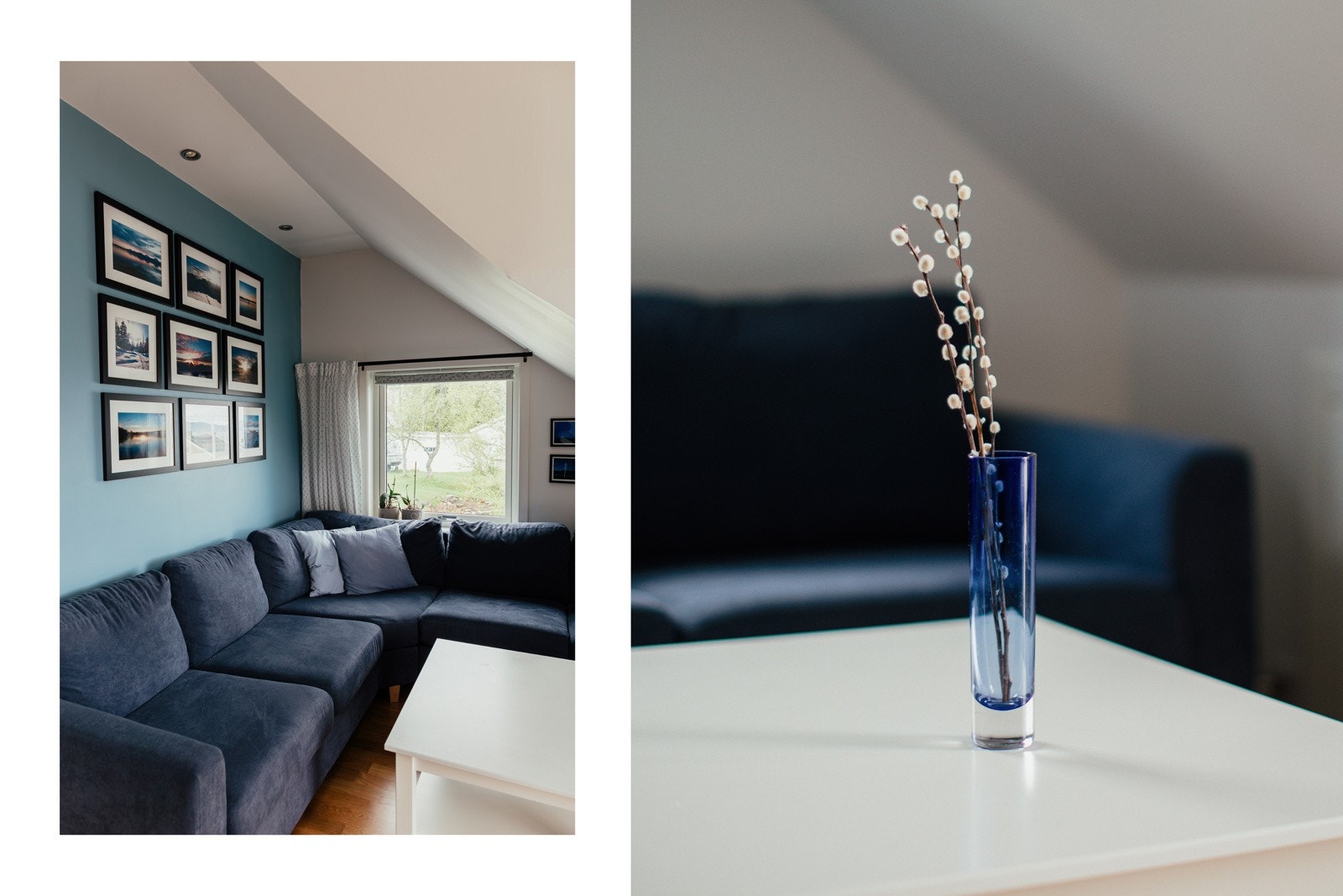 Stuen har parkettgulv, vedfyring og downlights i himling med dimming. Selgers private foto