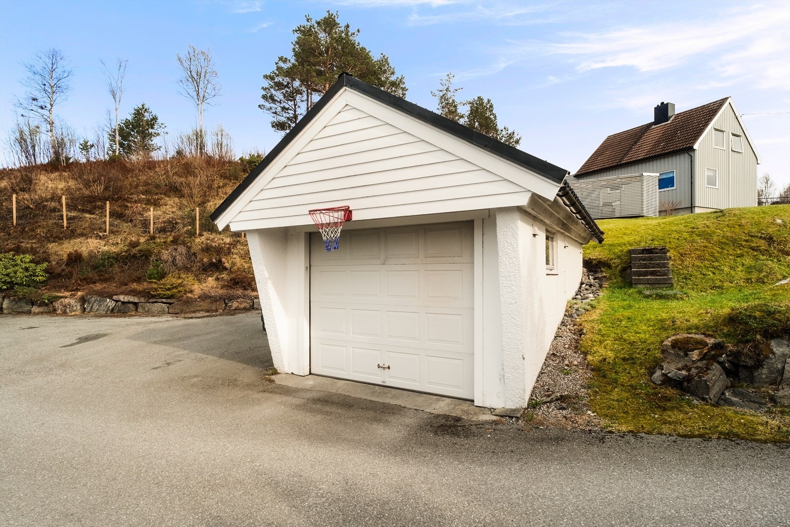 Garasje står på nabotomt, men det foreligger bruksavtale og mulighet for å skille ut delen av tomten som garasjen står på, samt oppstillingsplass ved siden av garasjen. Galleribilde