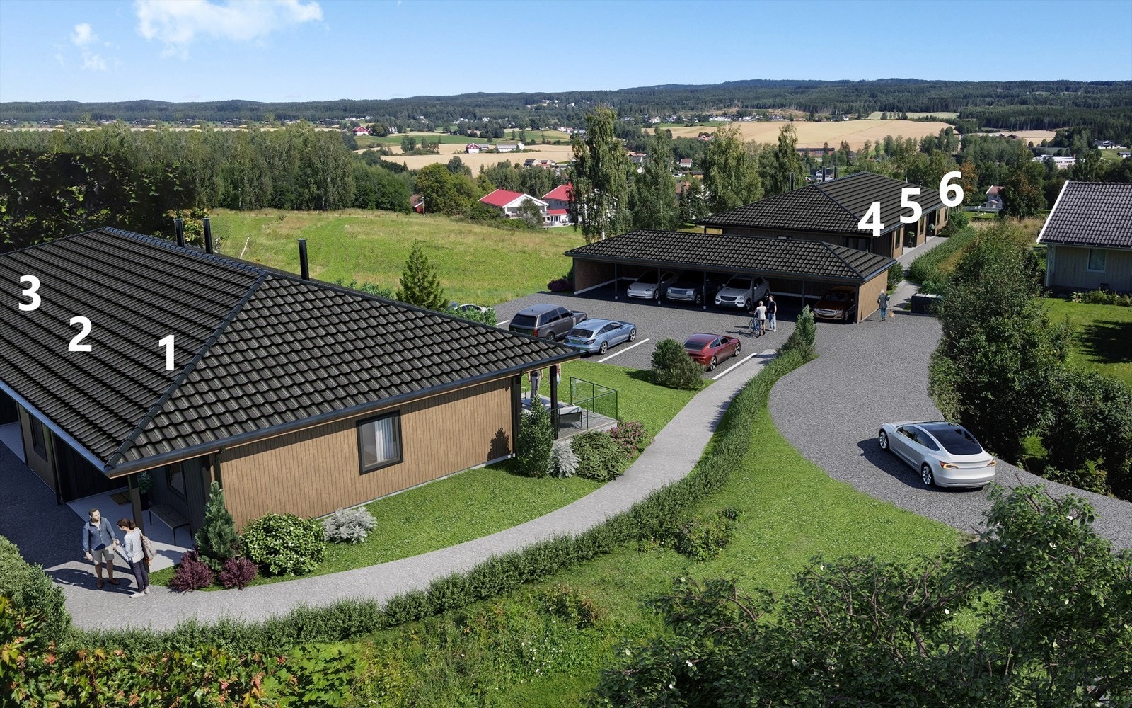 Illustrasjon av hele boligfeltet - leiligheten som selges er leilighet merket med nr. 6 Galleribilde