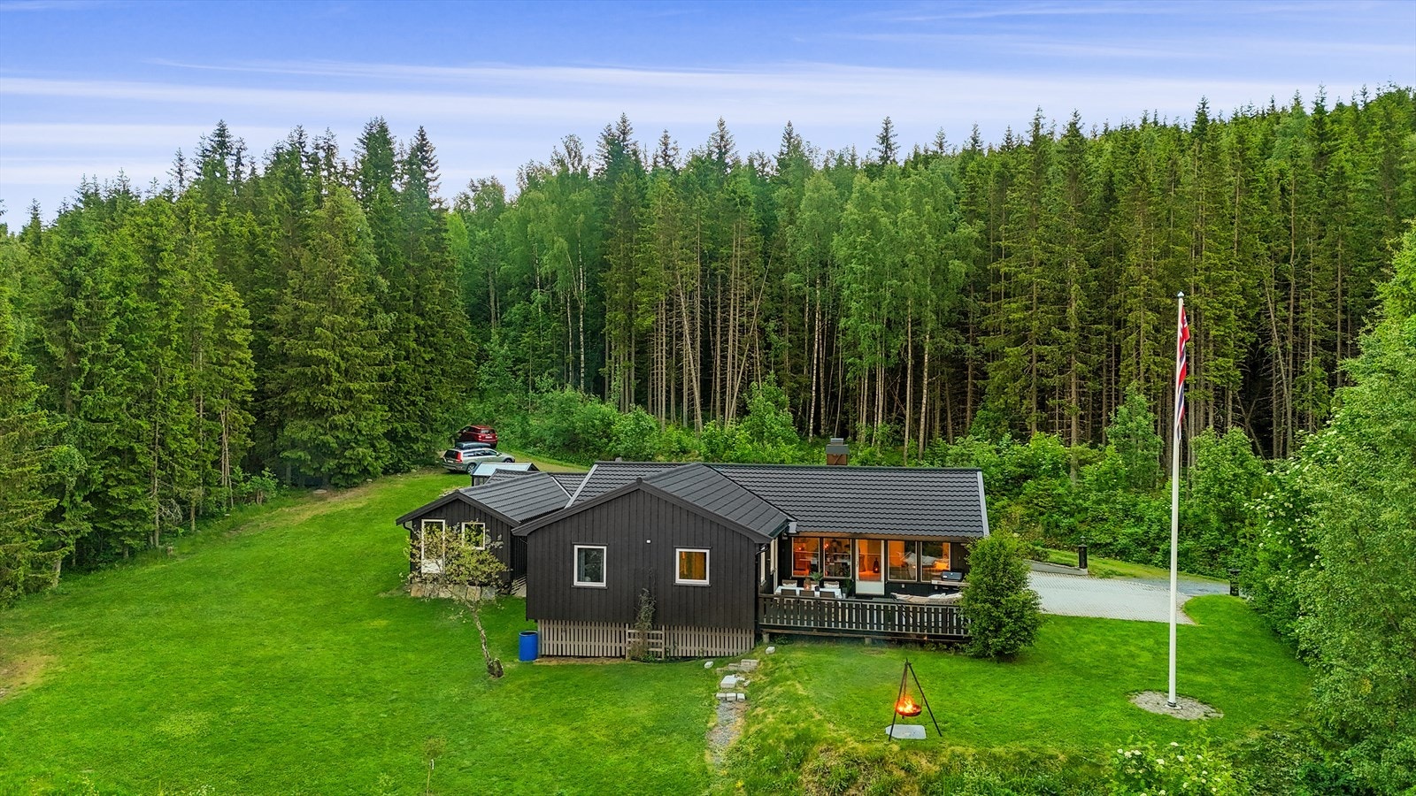 Eiendommen sett fra luften, omkranset av skog. Galleribilde