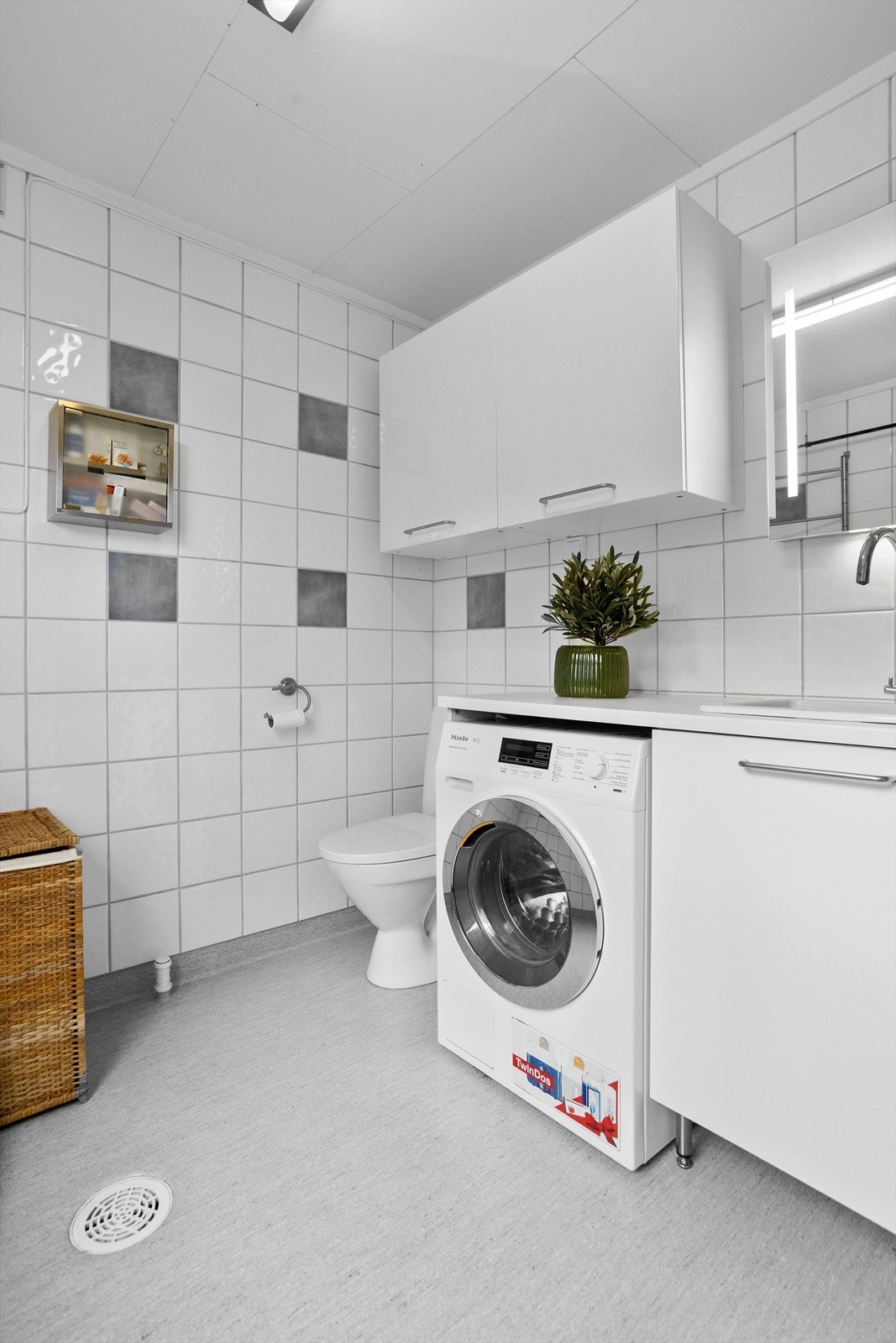 Rommet er utstyrt med gulvmontert toalett og opplegg for vaskemaskin. Galleribilde