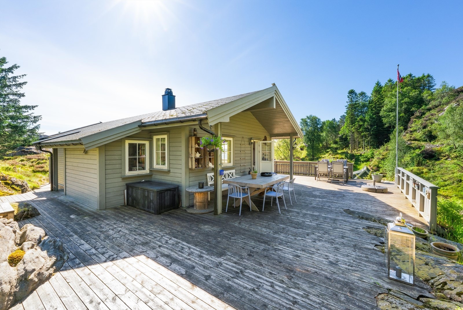 Fritidsboligen har 170 m² terrasseareal. Galleribilde