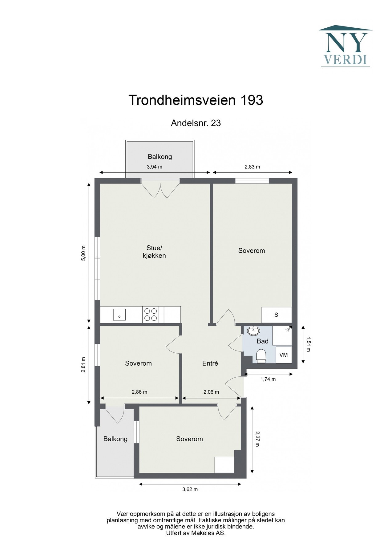 Plantegning. I tillegg disponerer leiligheten en kjellerbod på ca. 3,2 kvm. Galleribilde