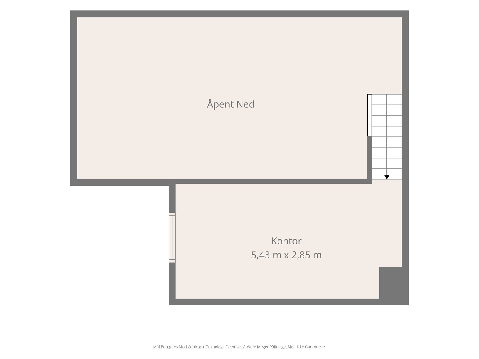 Plantegning - Loft/Hems er i dag innredet som kontor. Rommet er ikke godkjent til dagens bruk. Bruksendring fra tilleggsdel (loft) til hoveddel (kontor) er et søknadspliktig tiltak. Se punkt "Ferdigattest / Brukstillatelse" i salgsoppgaven. Galleribilde