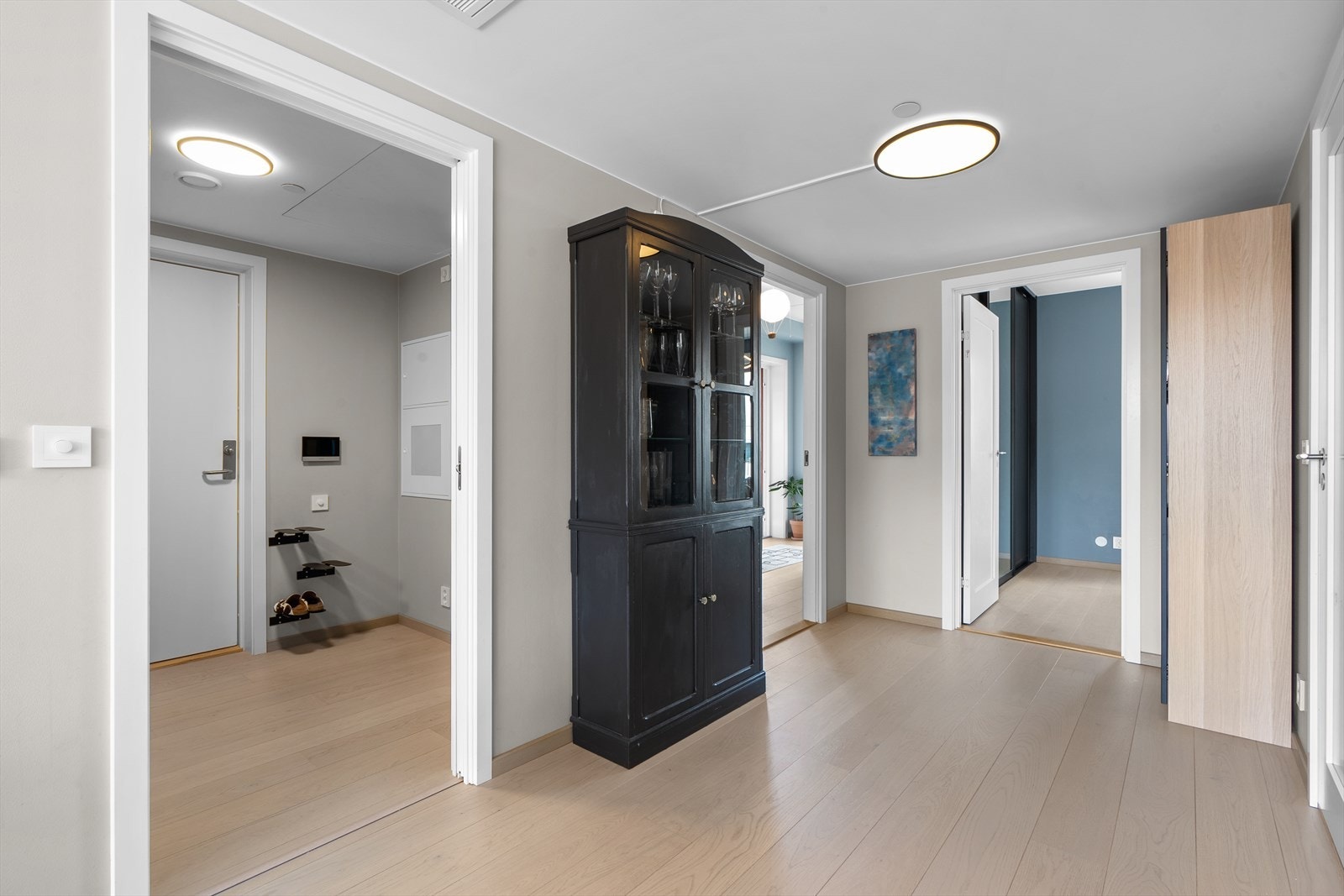 Boligen har en romslig mellomgang med naturlig adkomst til både soverom og bad. Galleribilde