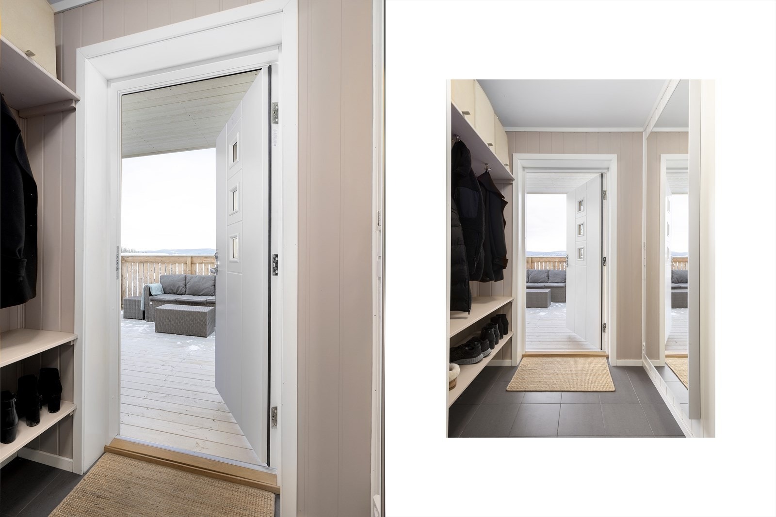 Flislagt entré med varme i gulv. Ytterdør med glassfelt slipper inn dagslys. Oppbevaringsplass for ytterrøy og sko. Galleribilde