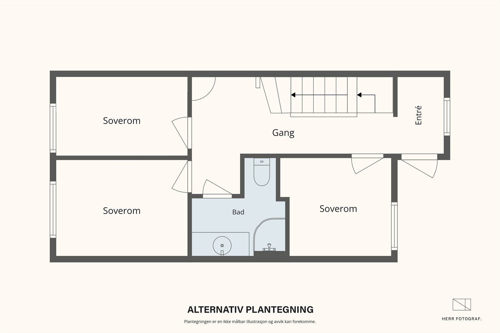 - Alternativ plantegning 1. etasje med to opprinnelig godkjente soverom - Galleribilde