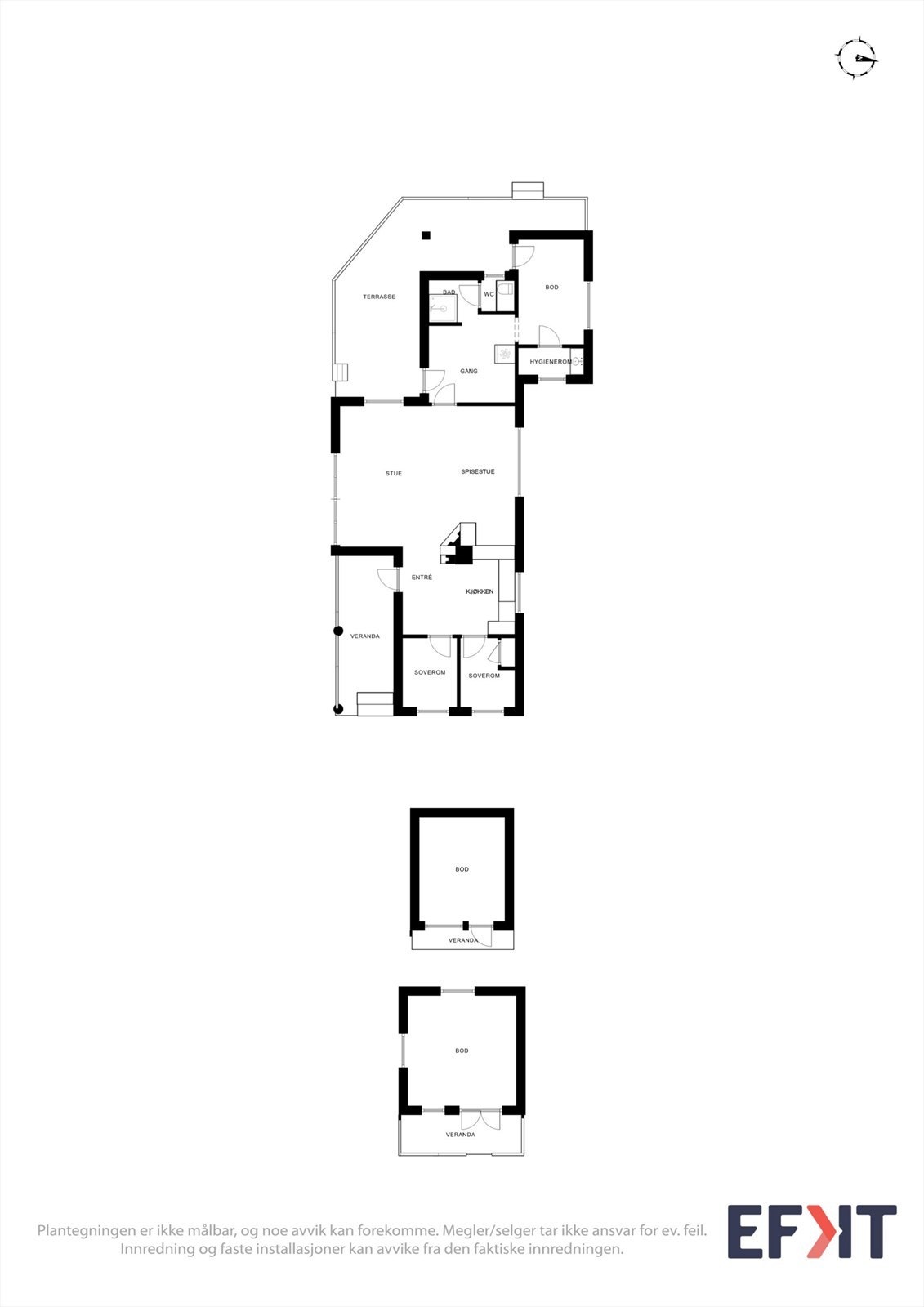 Eiendommen består av en hovedhytte og to frittstående uthus på til sammen 22 m². Galleribilde