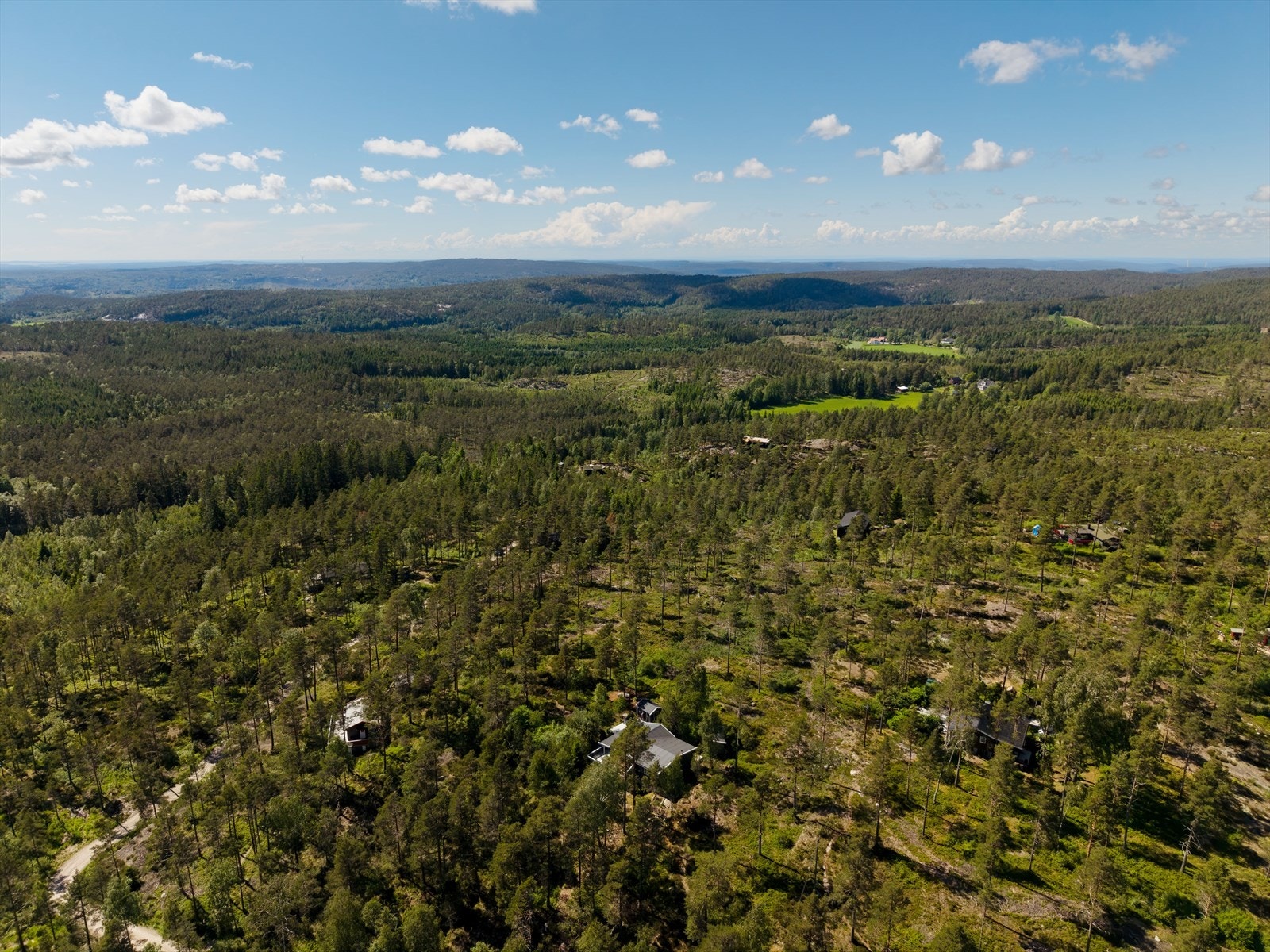 Luftfoto som viser beliggenheten i det store skogsterrenget. Galleribilde