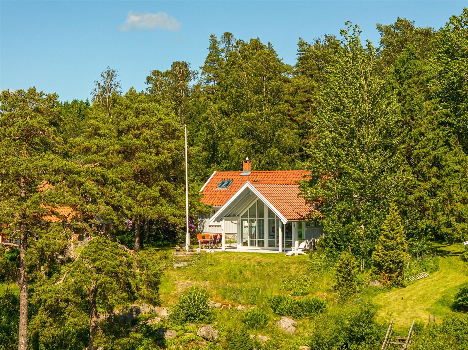Hytta er oppført i det høyere terrenget ovenfor kilen, opprinnelig fra 1880 og modernisert tidlig på 2000-tallet. Galleribilde