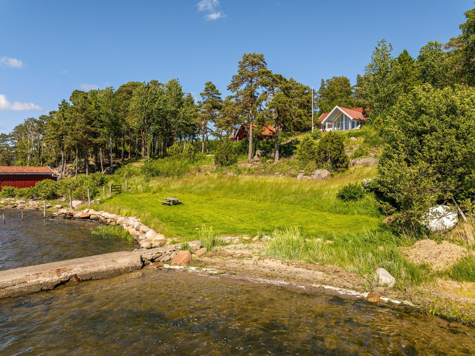 Del av stranden sør for bryggen inngår på fellesarealet, frem til tomtegrensen som er omtrentlig markert med rundsteiner. Galleribilde