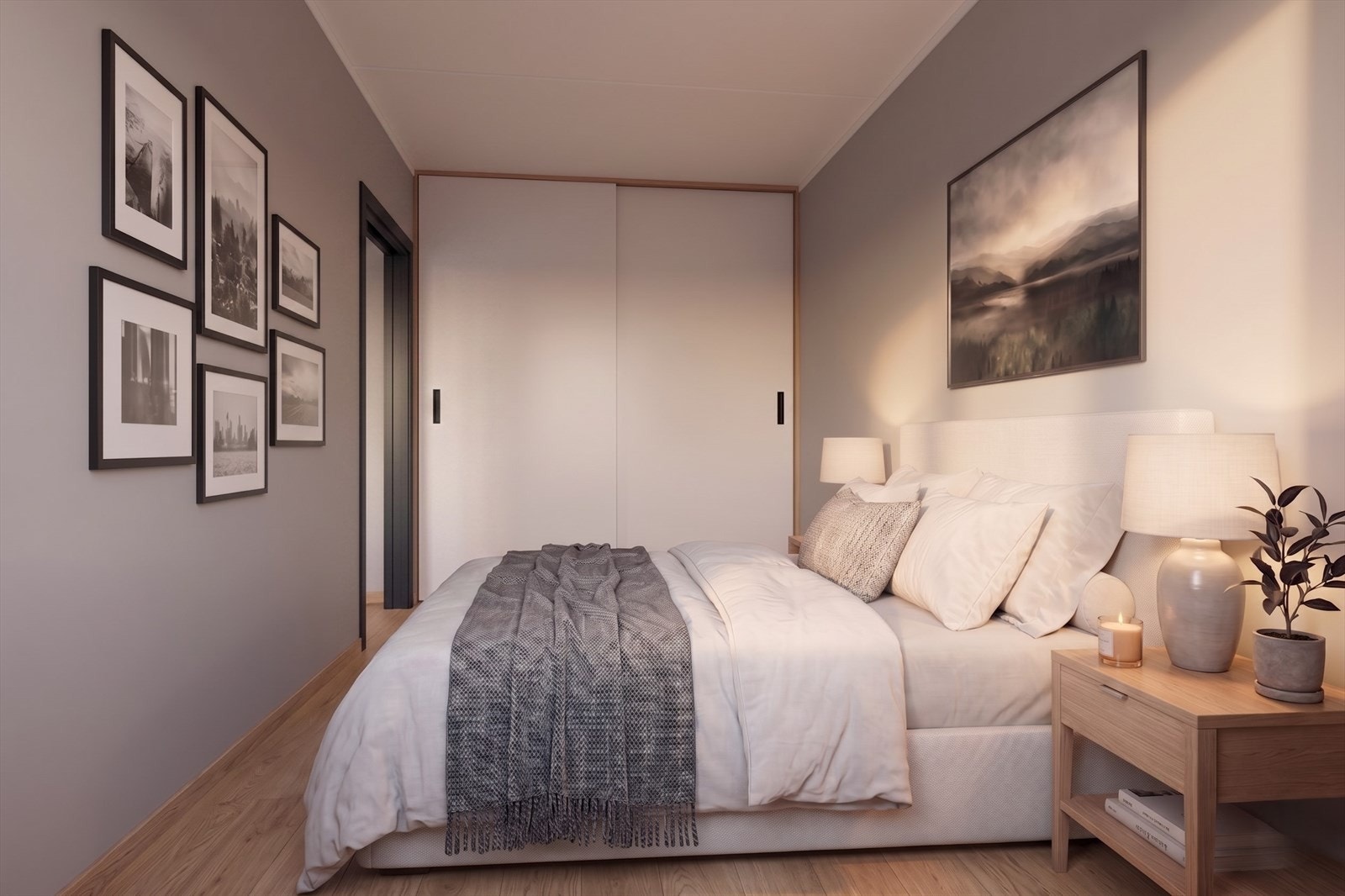 Fint soverom med plass til garderobe. Skap medfølger ikke. Innerdører er i dempet sort. Bildet redigert/laget m. KI. Avvik vil forekomme. Galleribilde