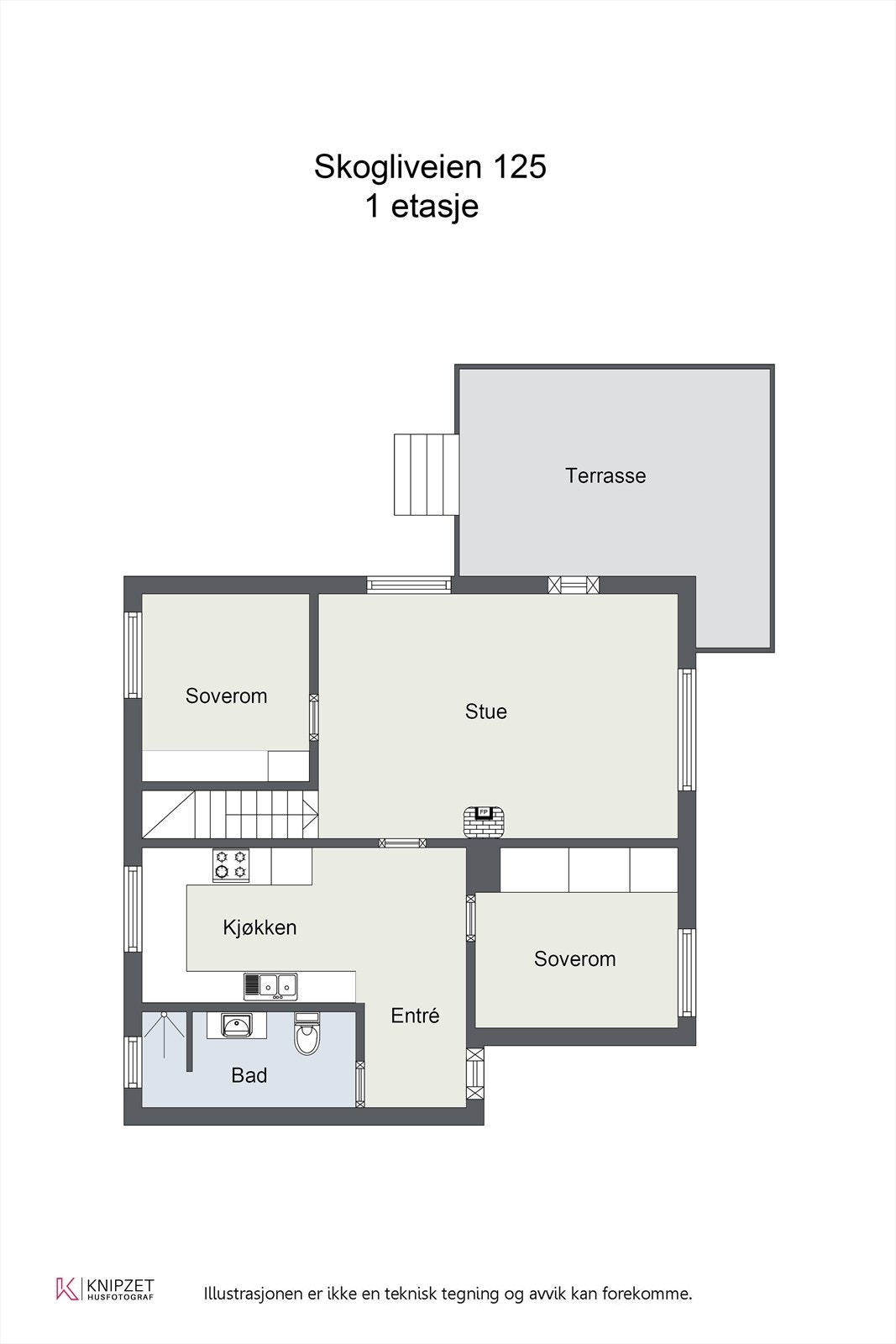 Første etasje har en gjennomtenkt planløsning som samler stue, kjøkken, bad og to soverom på ett plan. Galleribilde