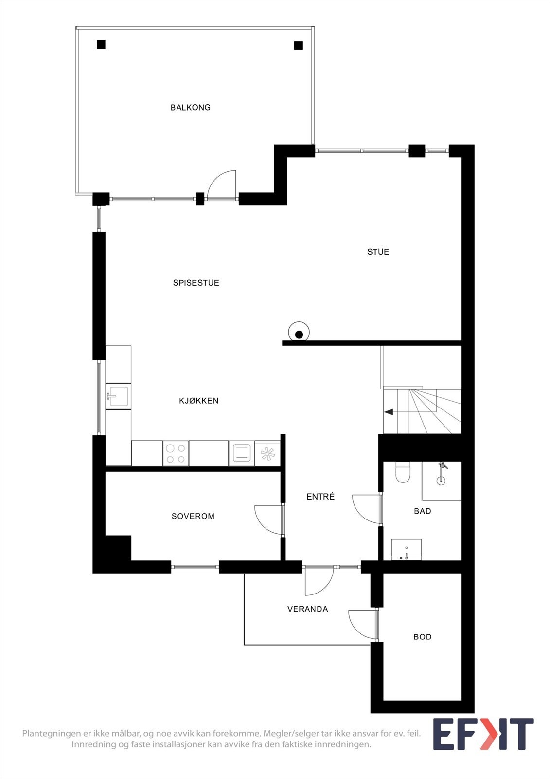 Første etasje har en sosial og åpen planløsning med stue og kjøkken, ett soverom, bad og utgang til balkong. Galleribilde