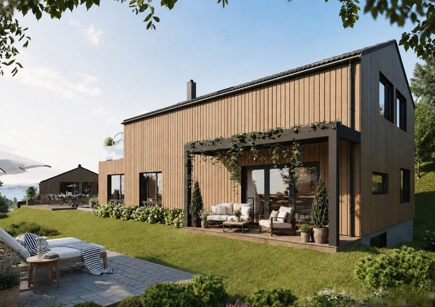 Uteområde hus 3. Alle bilder er kun illustrasjoner og avvik fra faktisk leveranse vil forekomme. Galleribilde